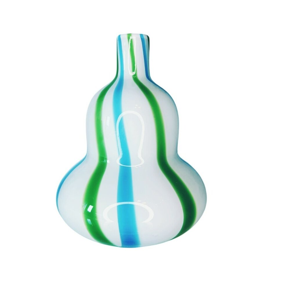 Vintage Art Deco Blue Green Striped Vase Squash Bulb Handblown Glass 1990s